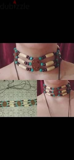 necklace brown and blue vintage wooden 0