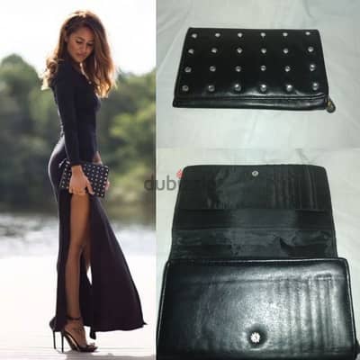 bag clutch wallet real leather black with swarovski