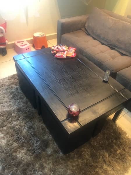 center table with 2 small coffee table & 2 leather pouf 3