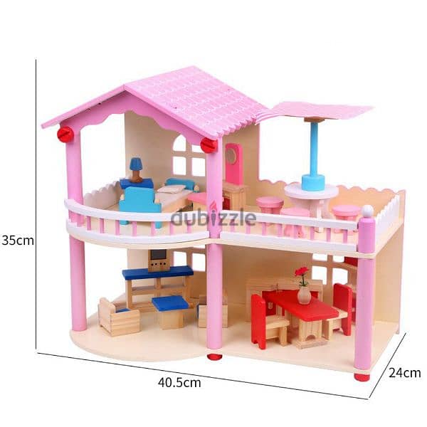 Wood Doll House Second Floor Villa With Accessories 40.5 x 24 x 35 CM 1