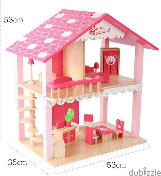 Wooden Doll House With Furniture 53 x 35 x 53 CM 2