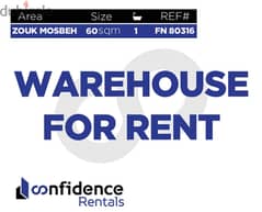 60 sqm Warehouse  for rent in Zouk Mosbeh! REF#FN80316