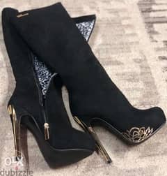 High heel boots, women shoes with elegant gold black