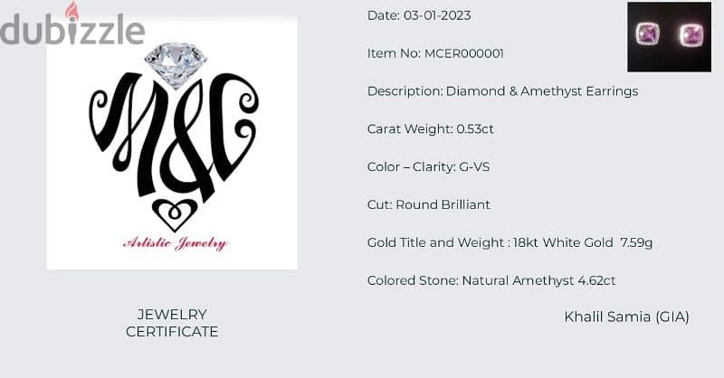 Diamond and ametyst earrings certified 2