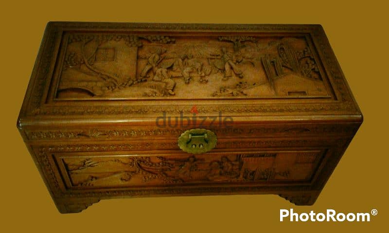 19th. century Chinese camphor wood chest entirely carved by hand 1