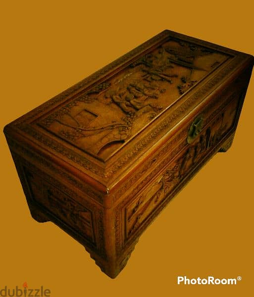 19th. century Chinese camphor wood chest entirely carved by hand 2