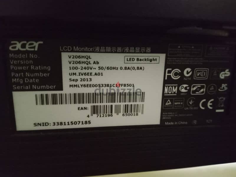 Acer LCD monitor 19.5' V206HQL model - شاشة أيسر ١٩. ٥ إنش 3