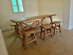 wood dining table with bench and stools طاولة سفرة خشب مع بنك وكراسي 0