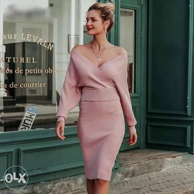 v-neck women knitted skirt suits