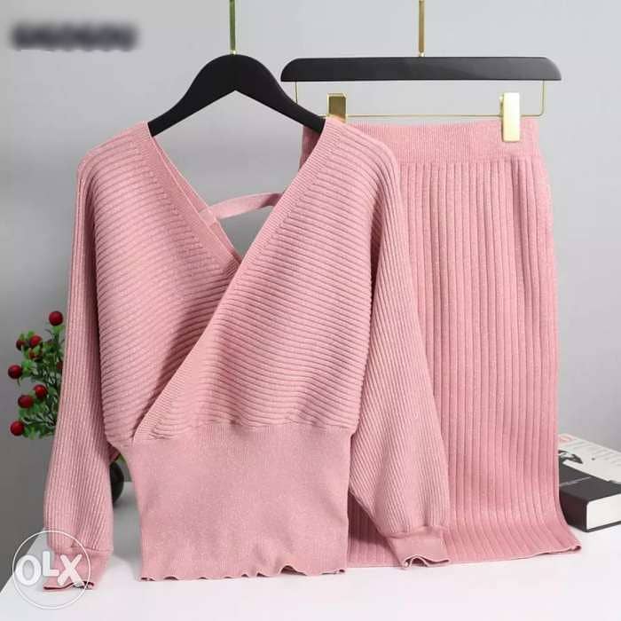 v-neck women knitted skirt suits 2