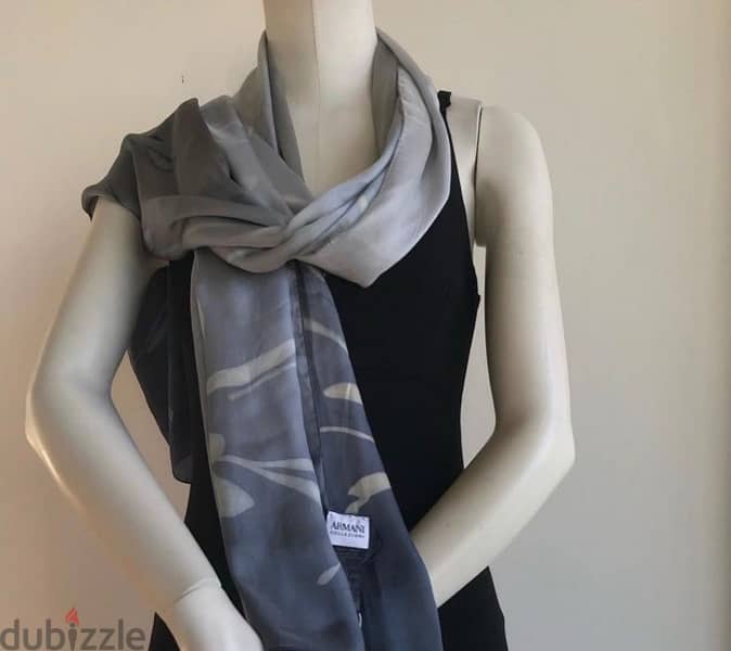 Armani Collezioni grey and blue 100% silk scarf 1