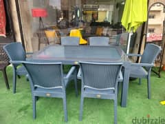 Table +Glass Top+ 6 Chairs Rattan