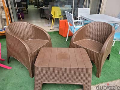 Table + 2 Sofa Chairs Rattan