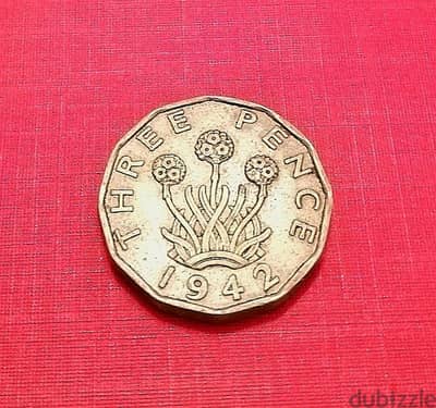 1942 England WW2 3 Pence K. George VI 12 sided coin