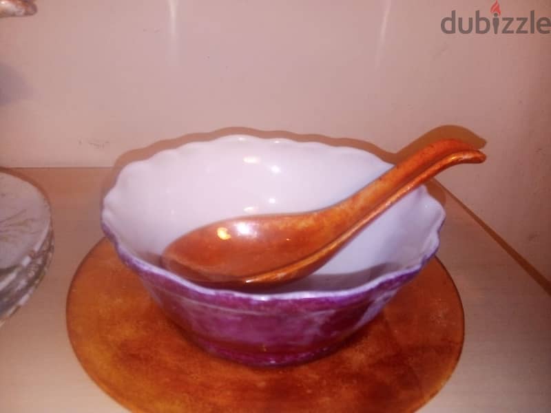 set of 6 fancy porcelain soup bowls + porcelain spoons 6