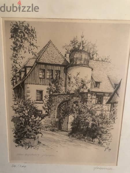 Augustenburg Castle (Karlsruhe) Original Lithograph dated and signed 1