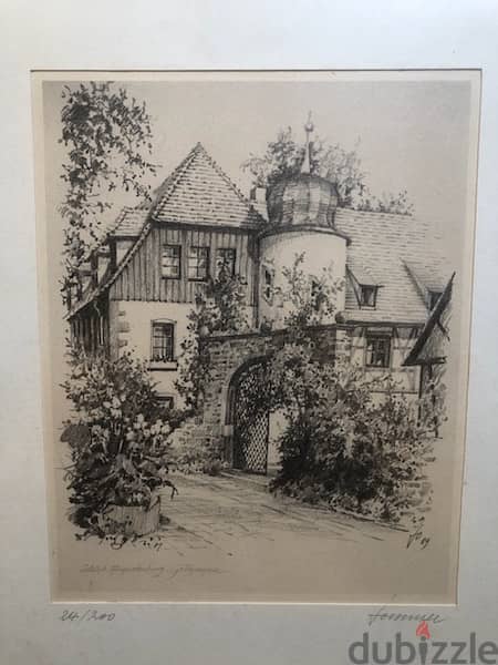 Augustenburg Castle (Karlsruhe) Original Lithograph dated and signed 4