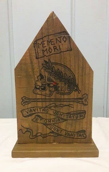 Antique Memento Mori wood plaque 0