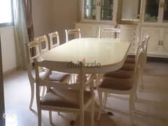 dining table, white and gold, with 10 chairs