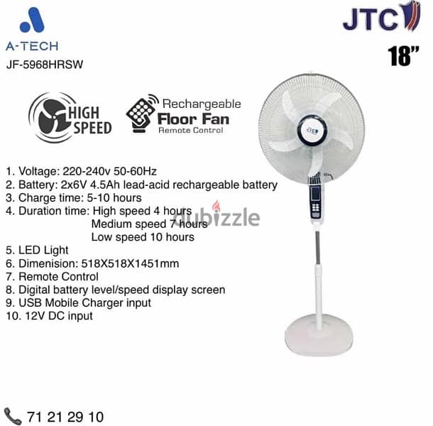 JTC 18” 2 Batteries Rechargeable Fan 1
