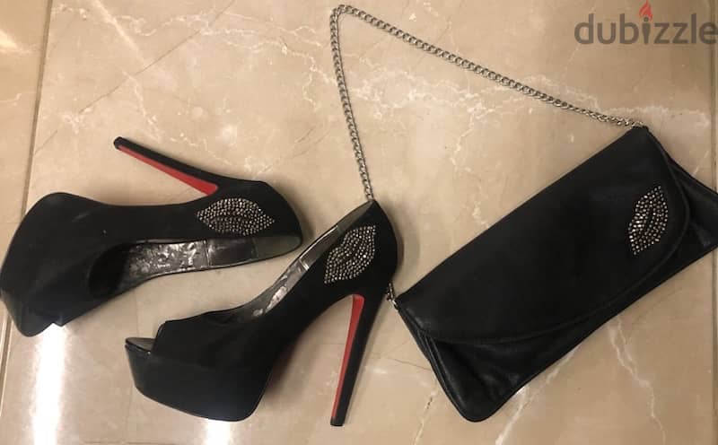 set of shoes with bag, black and silver, high heel 1