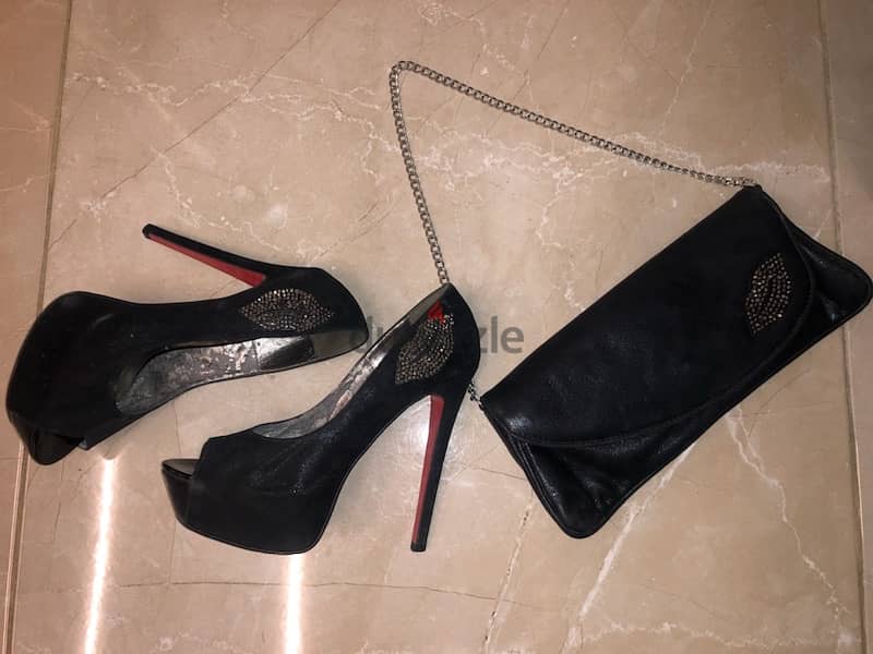 set of shoes with bag, black and silver, high heel 2