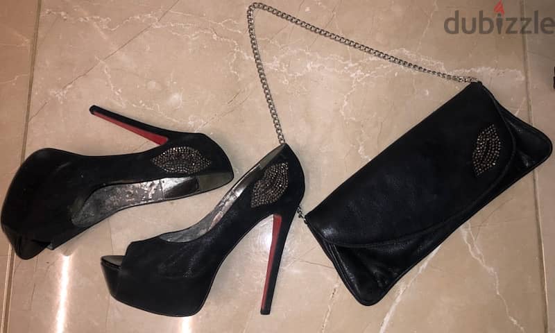 set of shoes with bag, black and silver, high heel 3