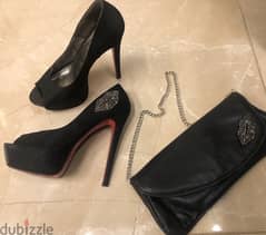 set of shoes with bag, black and silver, high heel