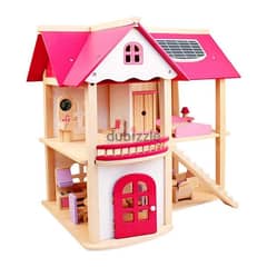 Wooden Pink Doll house and Furniture Playset