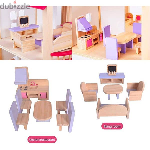 Wooden Pink Doll house and Furniture Playset 2