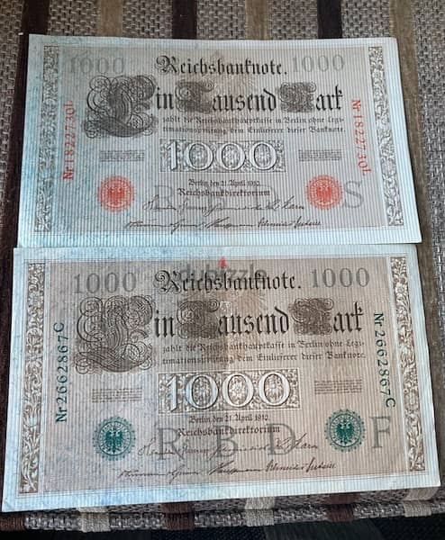 عملة عملات قديمة ١٠٠٠ مارك الماني سنة ١٩١٠ انسر العلامة الاحمر والاخضر 1