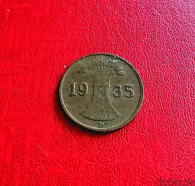 1935 Germany 1 Pfennig Weimar Gov copper coin 1