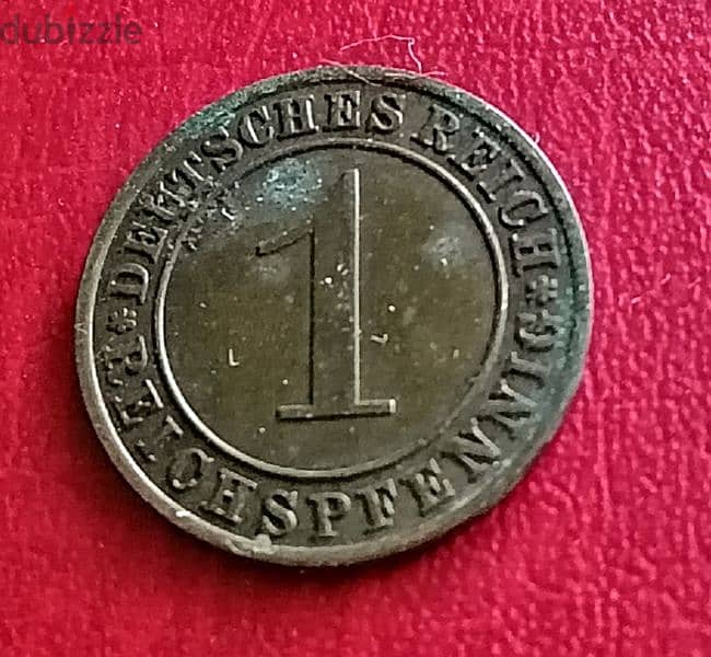 1929 Germany Weimar Gov 1 Pfennig copper coin KM# 37 1