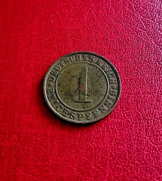 1924 Germany 1 Pfennig Weimar Gov copper coin KM# 37 2