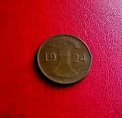 1924 Germany 1 Pfennig Weimar Gov copper coin KM# 37