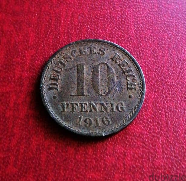 1916 Germany 10 Pfennig Wilhelm II zinc clad iron coin 1