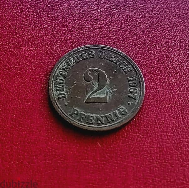 1907 Germany 2 Pfennig Wilhelm II Type 2 copper coin 1