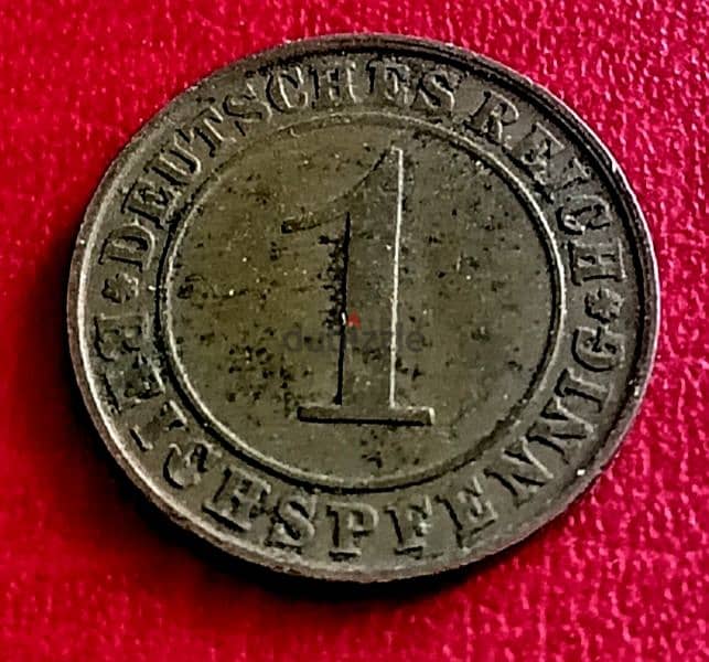 1924 Germany 1 Pfennig Weimar Gov copper coin KM# 37 1