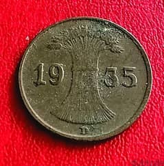 1935 Germany 1 Pfennig Weimar Gov copper coin 0