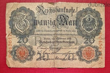 1914 Germany 20 Mark low grade banknote