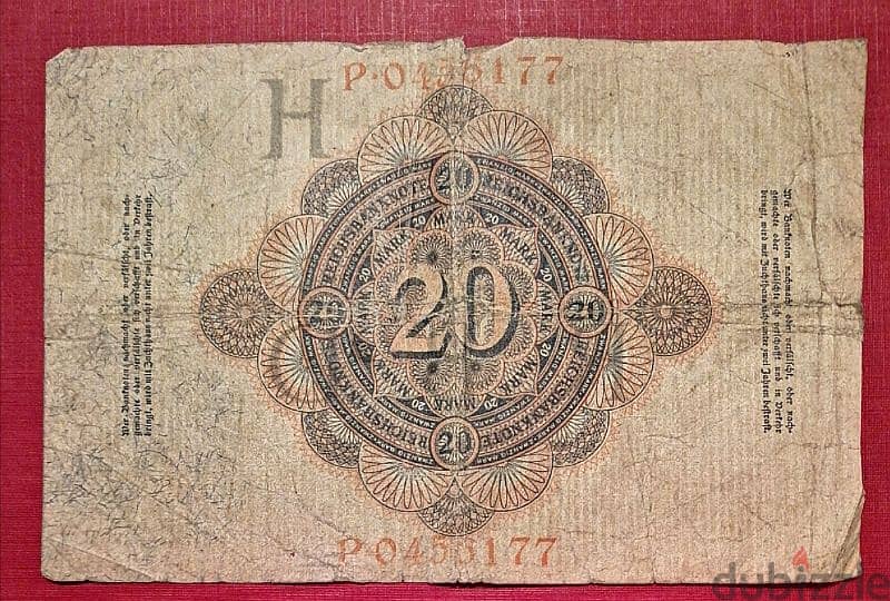 1914 Germany 20 Mark low grade banknote 1