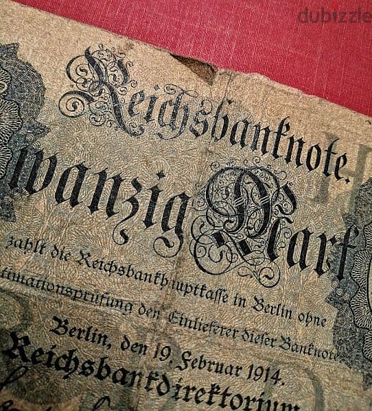 1914 Germany 20 Mark low grade banknote 5