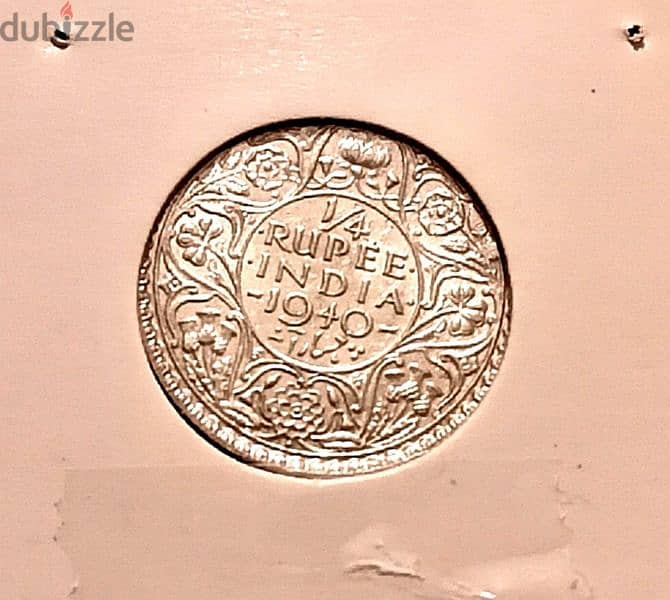 1940 British India silver quarter rupee KGVI 1