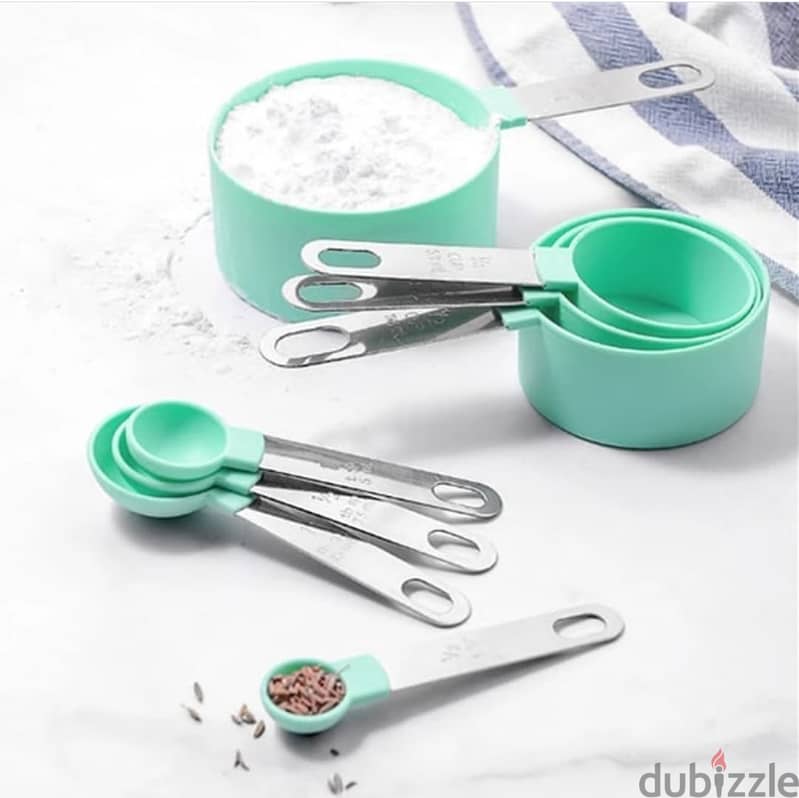 8Pc Measuring Cup Set, Green-Blue-Turquoise, Stainless Steel Handles 0