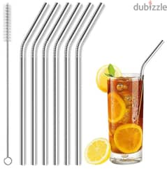 Curved Stainless Steel Straws, 22cm, 6 Straws, 1 Brush 0