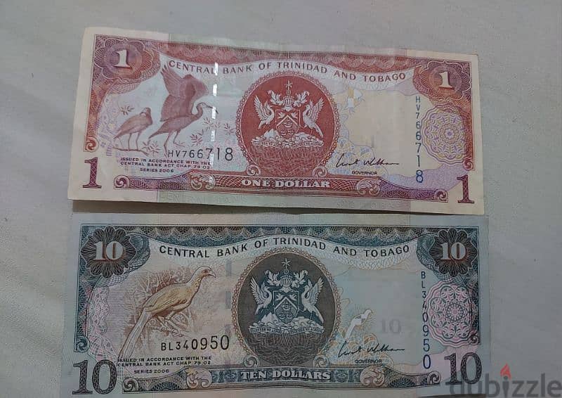 two banknotes Trinidad & Tobago  in the Caribibean sea in America 0