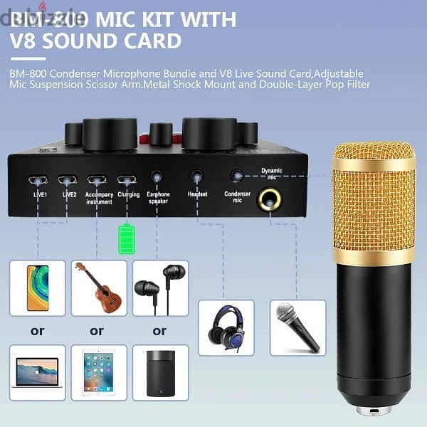 bm800 microphone , v8 sound card & phantom power 4