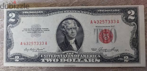 Almost UNC Error Cur Red Seal two USA Banknote year 1953