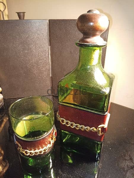Vintage set of green bottle glass decanter with leather wrap 1