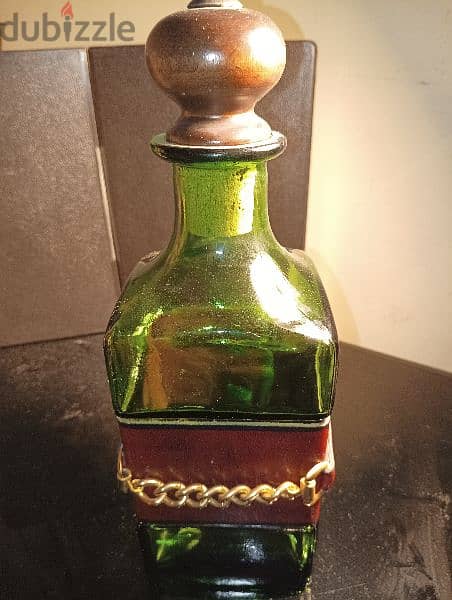 Vintage set of green bottle glass decanter with leather wrap 7
